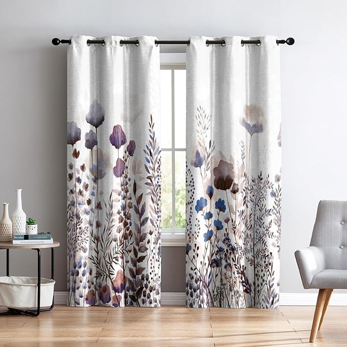 Renaiss Wild Flowers Blackout Curtains, Pastel Botanical Floral Print Thermal Insulated Bedroom Window Curtains, Nature Plants Window Drapes for Living Room, 84" L x 42" W 2 Panel Set