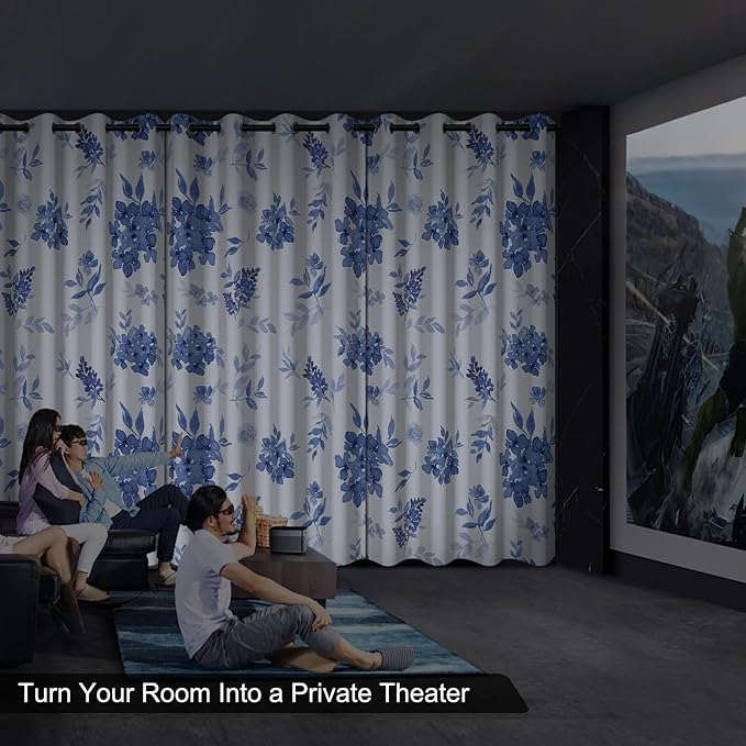 Blackout Curtains 84 inch Length 2 Panels Set, Blue Floral Print Thermal Privacy Grommet Winter Black Out Curtains for Bedroom with Black Liner, Rustic Soundproof Window Drapes for Living Room Nursery