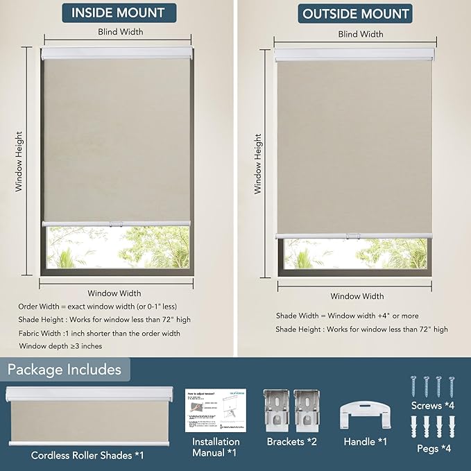 Roller Window Shades Free-Stop Cordless Blackout Blinds, Thermal Insulated Pull Down Shades for Windows, UV Protection Fabric Roller Blinds for Home Office (25.75" Wx72 H, Ivory)