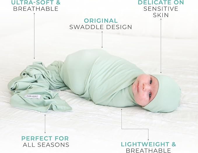 Posh Peanut Baby Swaddle Blanket & Beanie - Matching Newborn Swaddle Set, Doubles As Receiving Blanket or Nursing Cover (Sage)