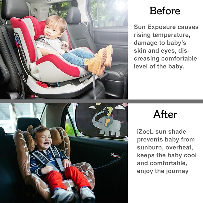 MOVINPE Car Sun Shade for Baby Kids 2 Pack Static Cling Side Window Car 80GSM Rear Sunshades Universal with 8 Suction Cups and Storage Bag - Sun Glare and UV Rays Protection (Elephant & Turtle)