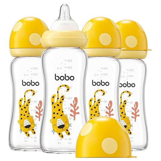 YOHKOH Natural Glass Baby Bottle with Level 2 Medium Flow Nipple, Newborn Anti-Colic Baby Bottles, Wide Neck Mushroom Baby Glass Bottle (8.8ounce (Pack of 4), Yellow2)