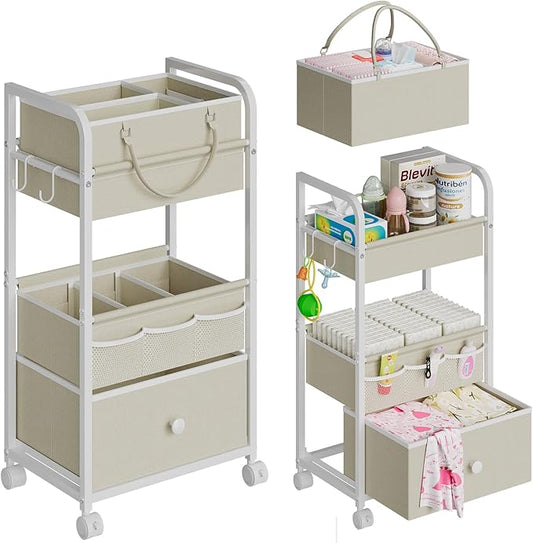 2In1 Baby Diaper Caddy Organizer and Storage, 3 Tier Rolling Cart with Drawer, Detachable Dividers, Mobile Utility Cart Baby Dresser Clothes Organizer for Crib, Bedroom, Art & Craft Storage