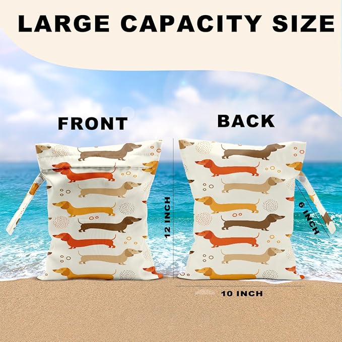 2Pcs Dog Wet Bags 12x10 Inch, Cute Dogs Waterproof Travel Laundry Bags, Washable Reusable Wet Dry Bag for Swimsuit Beach Diapers Dirty Yoga Gym Clothes, Dachshund Gifts for Women Friend Travelers