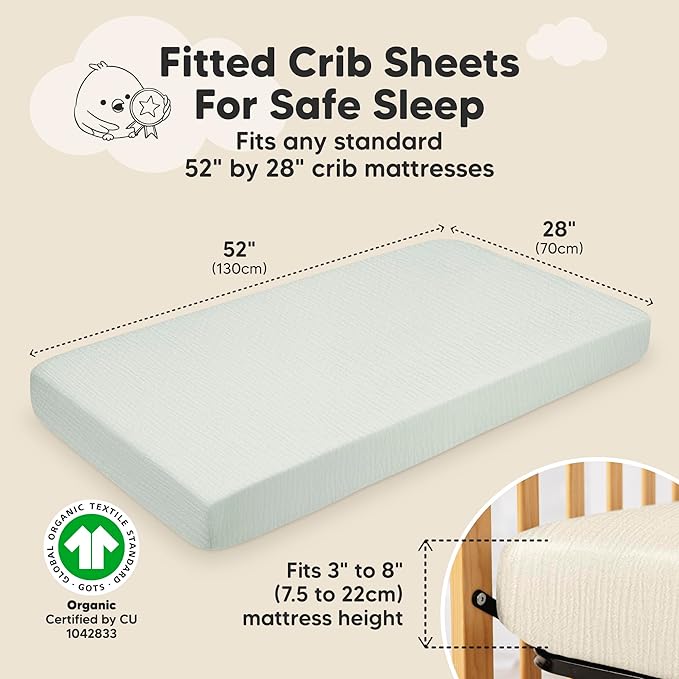 KeaBabies 2-Pack Muslin Crib Sheets for Boys, Girls - 100% Organic Cotton Fitted Baby Crib Mattress Sheet, Soft Breathable Standard Toddler Bed Cover Bedding Set, Neutral, Durable 52x28 (Willow)