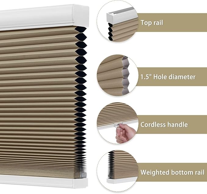Changshade Blackout Blinds Black Out Shade for Indoor Windows, Cordless Cellular Shades Room Darkening Honeycomb Blinds for Bedroom, Bathroom, Shade Size 72 inch High 57 inch Wide, Brown