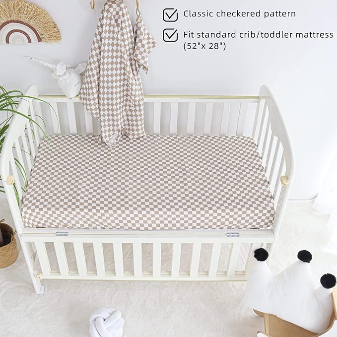 LifeTree Crib Sheets for Baby Unisex - Muslin Fitted Crib Sheets Toddler Bed Sheet, 70% Viscose from Bamboo and 30% Cotton, Fits Standard Crib, Coffee Checkered, 28in x 52in