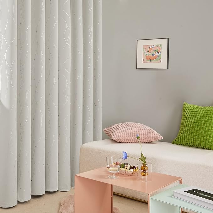 Deconovo Beige Blackout Curtains, Room Darkening Curtain, Thermal Insulated Soundproof Drapes, Silver Wave Dots Print, 38 x 54 Inch, Machine Washable Window Panels for Kitchen Nursery Office, Set of 2