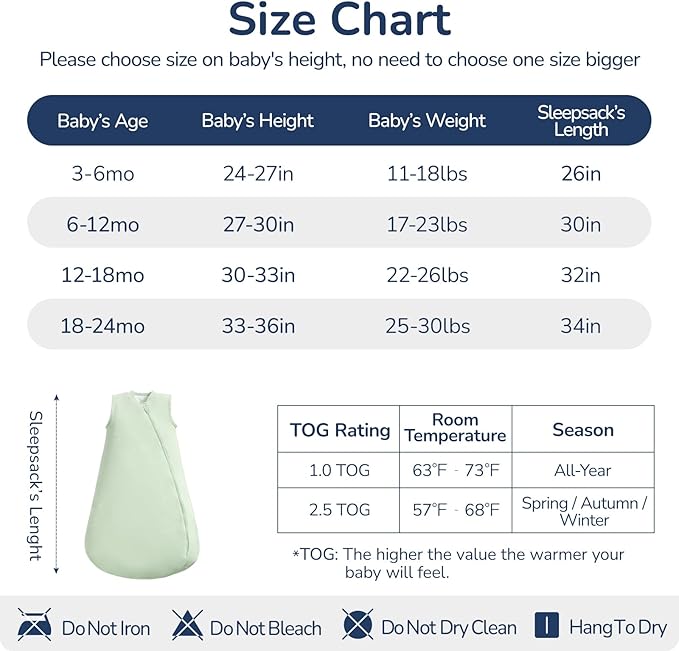 usbettas 1.0 Tog 2.5 Tog Baby Sleep Sack, 100% Cotton Baby Sleeping Bag 3-24M, 2-Way Zipper Baby Wearable Blanket