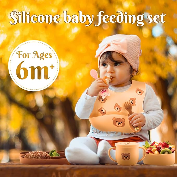 CHCC Silicone Baby Feeding Set 7 Pcs, Baby Led Weaning Supplies, Baby Feeding Supplies Set BPA Free, Baby Essentials for Newborn Gift Bear