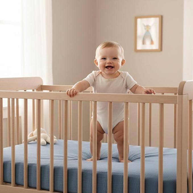 2 Pack Dusty Blue Muslin Crib Sheets for Boys & Girl- Neutral Breathable Cotton Crib Mattress Sheets Fitted for Standard 28"x 52"- Nursery Décor No Slip Crib Bed Sheets