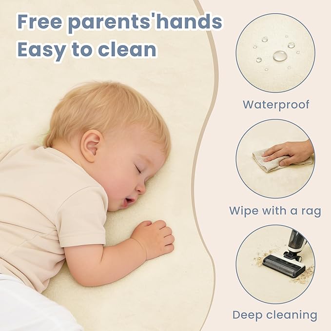 ACOMOPACK 1.3" Thick Baby Play Mat for Floor 50x50"-Memory Foam Water-Repellent Playpen Mat for Tummy Time,Non-Slip Soft Velvet Nursery Rug for Kids,Toddlers,Infants Crawling（Beige）