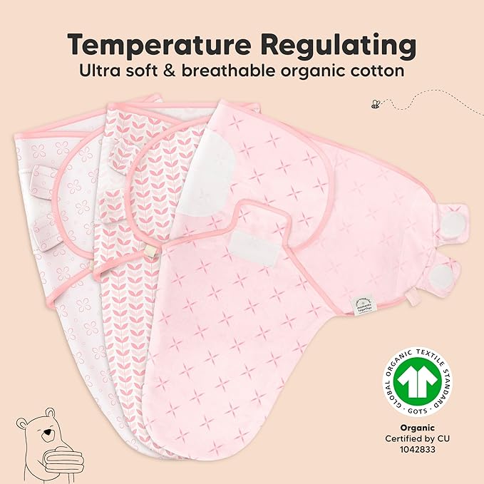 3-Pack Organic Baby Swaddle Sleep Sacks - Swaddles for Newborns, Infant 0-3 Months, Baby Girls, Boys, Soft & Snug Newborn Sleep Sack, Nursery Swaddling Blankets (Blossom)