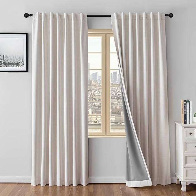 100% Blackout Curtains 90 inch Length 2 Panels Faux Linen Long Drapes for Bedroom Living Room Black Out Room Darkening Curtain Thermal Insulated Back Tab Rod Pocket(W37 x L90, Natural)