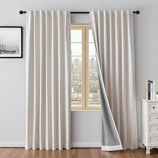 100% Blackout Curtains 84 inch Length 2 Panels Faux Linen Long Drapes for Bedroom Living Room Black Out Room Darkening Curtain Thermal Insulated Back Tab Rod Pocket(W37 x L84, Natural)