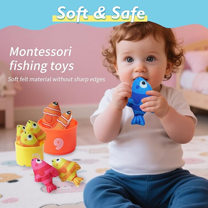 Montessori Toys for Toddlers, 29-Piece Cloth Fishing Game Set with Stacking Cups, Perfect for Toddler Birthday Gifts, Sensory Fishing Toy for Babies, Double Fishing rods