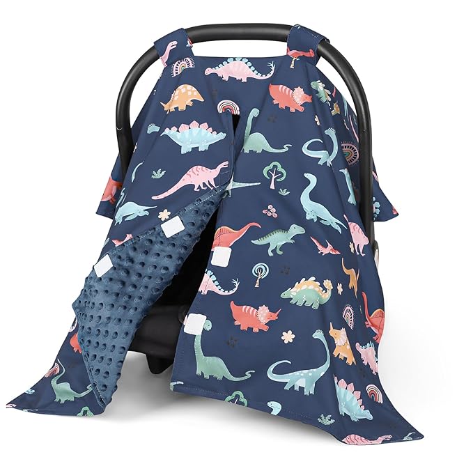 Car Seat Cover Baby, Peekaboo Opening Carseat Covers Baby Girl, Warm Minky Infant Car Seat Canopy, Multi-Use Cover Protecting Baby from Wind, Sun, Strangers, Blue Dinosaur