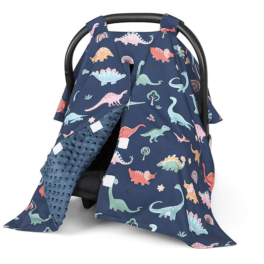 Car Seat Cover Baby, Peekaboo Opening Carseat Covers Baby Girl, Warm Minky Infant Car Seat Canopy, Multi-Use Cover Protecting Baby from Wind, Sun, Strangers, Blue Dinosaur