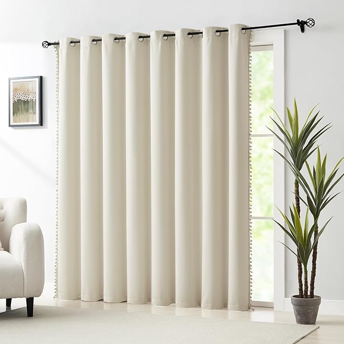 Treatmentex Pom Pom Sliding Door Blackout Curtains Ivory 100"x 84" Extra Wide Patio Door Curtain Panels with Pom Poms Room Darkening Curtains Thermal Insulated Curtains 1 Panel, Natural