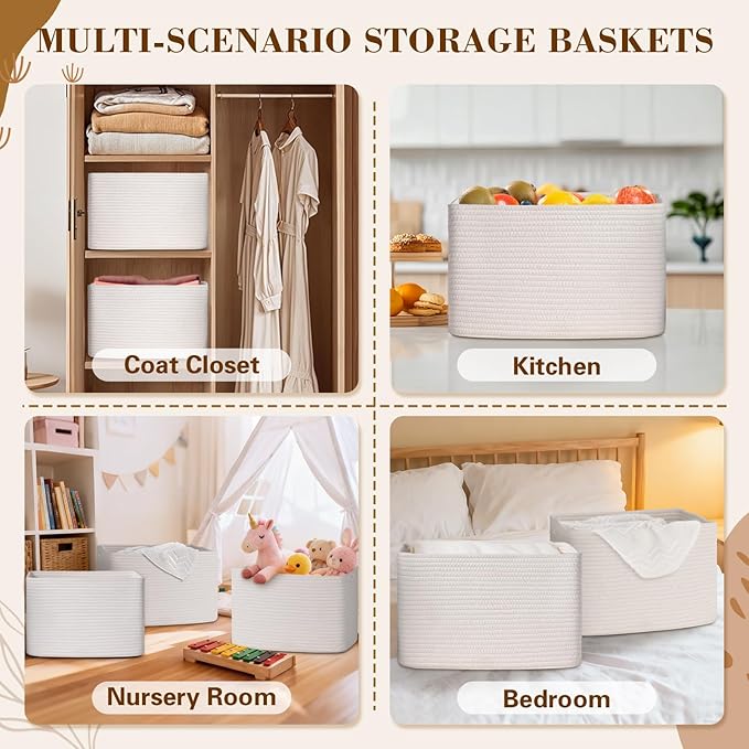 Woven Storage Baskets, White Baskets for Organizing, 3 Pack Woven Basket for Storage, Storage Baskets for Shelf, Towel, Toy, Book, Closet, Baby 15"×10"×9"