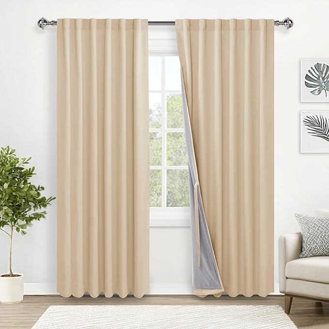 XWZO Full Blackout Curtains 84 Inches Long - Double Layer Full Room Darkening & Energy Efficiency Rod Pocket & Back Tab Window Panels with Tiebacks for Bedroom, Biscotti Beige, W52 x L84, Set of 2