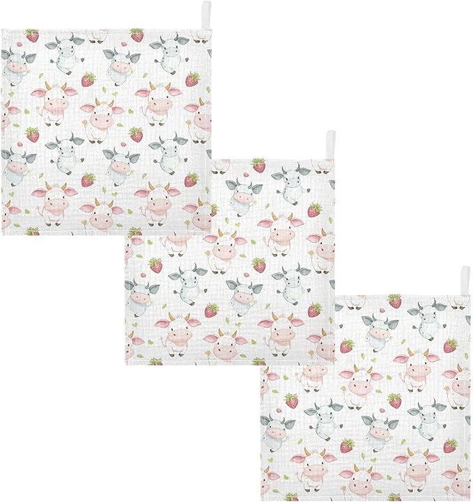 vvfelixl Baby Muslin Washcloths Cow Pink Cartoon Strawberry Baby Burp Cloths Cotton Babys Face Towel for Newborn Infants Boys Girls Soft and Absorbent 11.8 X 11.8 in, 3 Pack