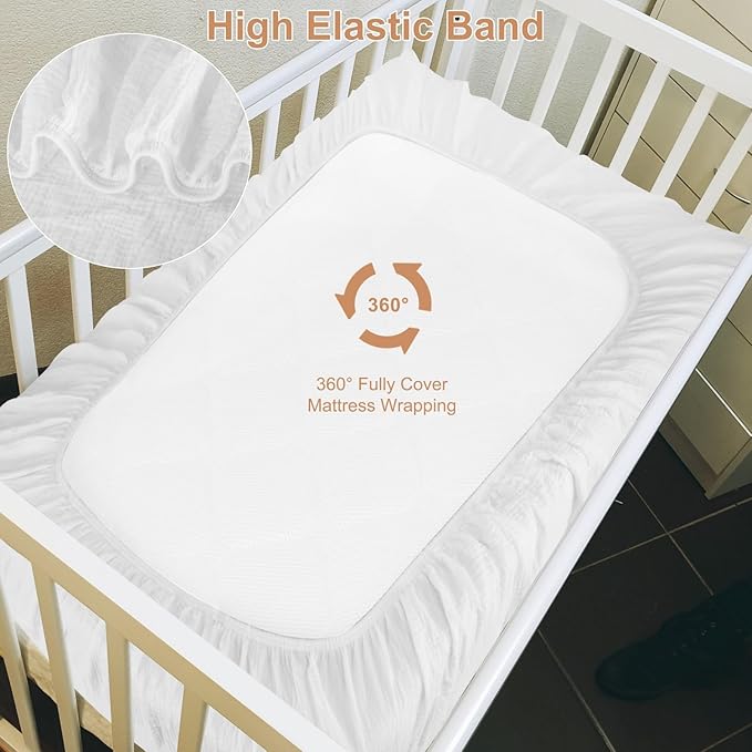 PET REJOIR 2 Pack Muslin Fitted Crib Sheets for Baby Girls & Boys-Neutral Breathable Crib Mattress Protector for Standard Crib Mattress(28"x 52")-Soft No Slip Cotton Toddler Bedding-Gray & White