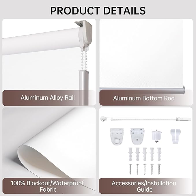 Allbright 100% Blackout Cordless Roller Shades for Windows, Thermal Insulated UV Protection, Window Roller Blinds for Home, Office, Bedroom, Door, 27" W x 72" H, White