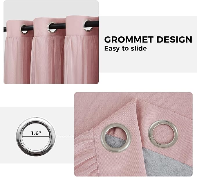 100% Blackout Curtains for Bedroom, Double Layer Pink Curtains, Black Out Curtain 84 inch Long with Sheer Overlay for Living Room, Room Darkening Window Drapes with Grommet, 52" W x 84" L