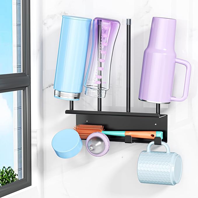 Wall Mounted Water Bottle Drying Rack, Baby Bottle Dryer Rack, Metal Cup Rack Dryer Stand, Mug Holder with Storage Rack, Mug Hooks for Bottle Cap, Bottle Drying Rack for Cups, Plastic Bags (Black)