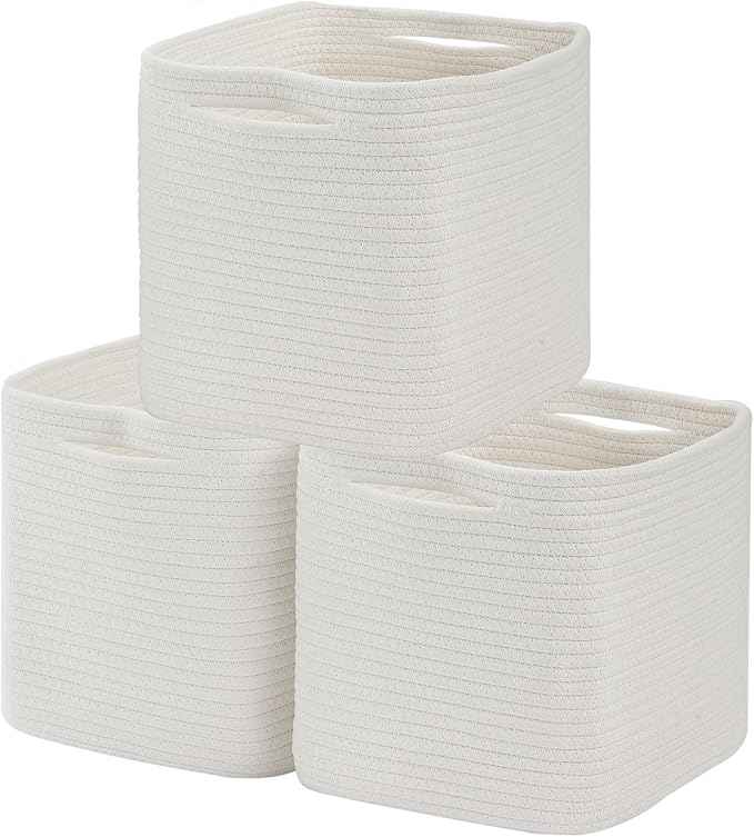 Cube Storage Bin 11" x 10.5" x 10.5" Cotton Rope Basket Square Woven Storage Basket for Shelves, Closet Organizer, Soft Towel Sock Basket, White, 3 Pack