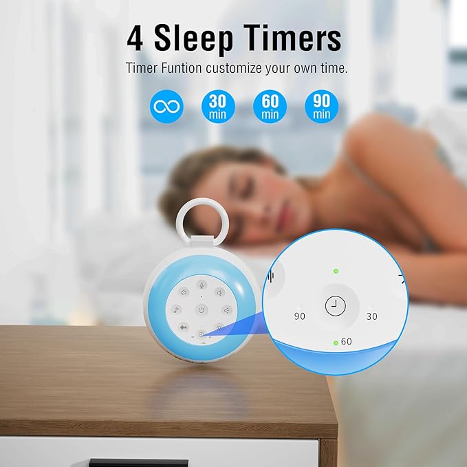 MEGATEK Sleep Sound Machine, 24 Soothing Sounds, 9 Color Dimmable Night Light, Bluetooth & 180s Voice Recording, 2000mAh Rechargeable Battery with Timer & Hook, Easy to Use for Baby & Adults