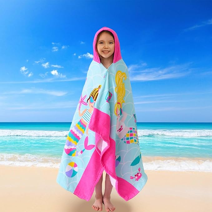 VOOVA & MOVAS Kids Hooded Beach Towel Age 3-8, 30''X50,Soft | Thick | Large | 100% Cotton,Absorbent Beach, Bath, Pool Towels Wrap for Girls, Sea Mermaid
