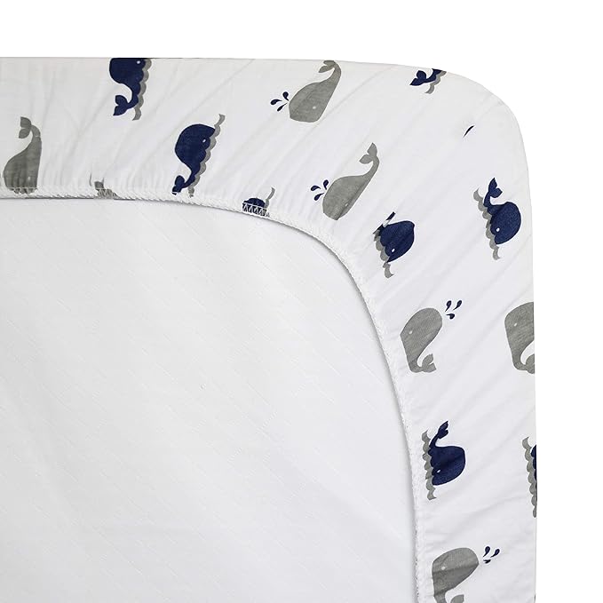 American Baby Company 2 Pack 100% Natural Cotton Fitted Crib Sheets 52" x 28" - Soft, Breathable, Hypoallergenic & Gentle Toddler Bed Sheets, Navy Whale/Grey Zigzag, Neutral for Boys & Girls