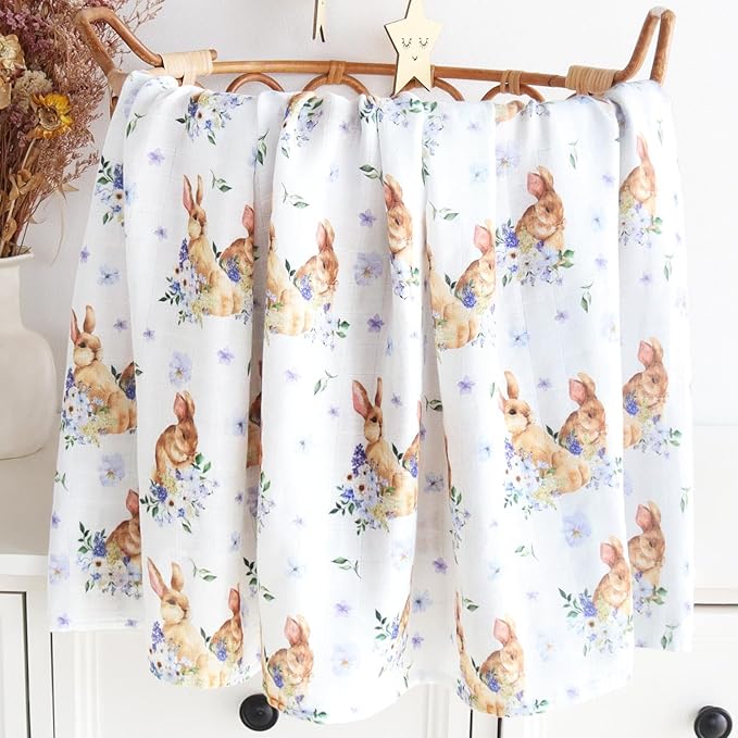 LifeTree Baby Swaddle Blankets, Muslin Swaddle Blankets Boys Girls Swaddling Wrap Receiving Blanket, 70% Viscose from Bamboo and 30% Cotton, Large 47" x 47", Floral and Rabbit Pattern