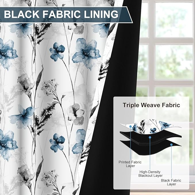 Watercolor Blue Floral Blackout Curtains for Living Room and Bedroom, Grommet Light Filtering Black Out Window Curtains 84 Inch Long 2 Panel Sets, Room Darkening Thermal Curtains for Winter Insulated
