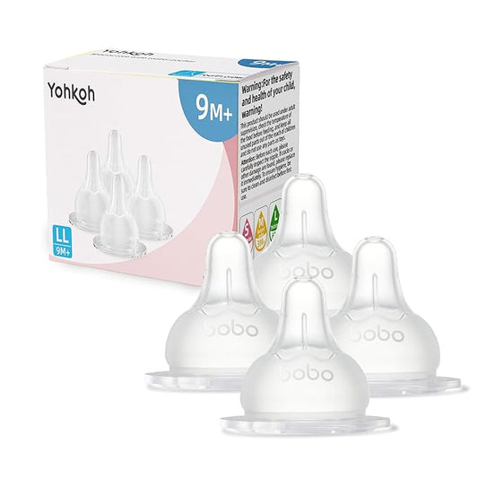 YOHKOH Baby Bottle Nipples for Wide Neck Bottles, 100% Natural Feel Silicone Nipples, BPA-Free (9m+, LL, 4 Counts)