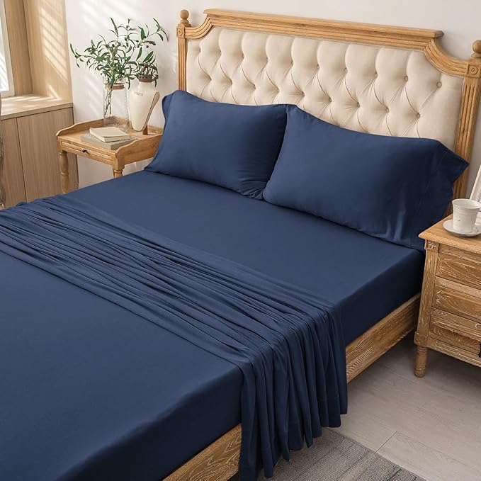 PURE ERA Jersey Knit 4pc Bed Sheet Set 100% T-Shirt Cotton Super Soft Comfy Breathable Fits Mattress Up to 20" Extra Deep Pocket (Solid Navy Blue, Queen)