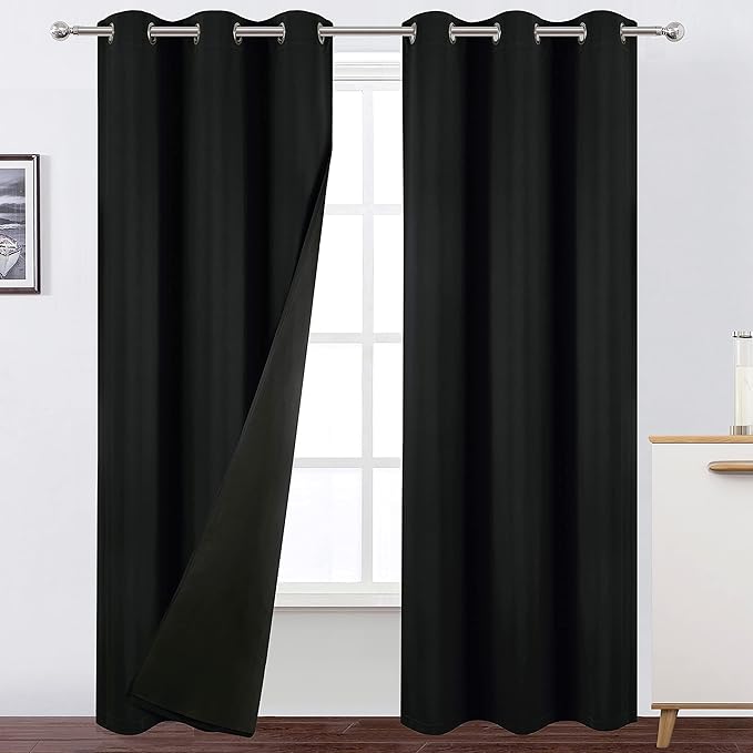 LEMOMO 100% Blackout Curtains 40 x 84 Inch/Black Curtains 2 Panels with Black Lining Room Darkening Thermal Insulated Bedroom Curtains