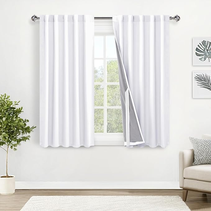 XWZO White 100% Blackout Curtains with Tiebacks- 2 Thick Layers Completely Shaded Rod Pocket & Back Tab Thermal Insulated Lined Drapes for Bedroom/Laundry, W42 x L45, Set of 2 Panels