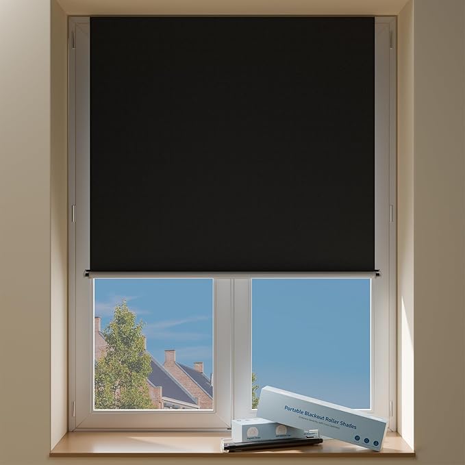 Sumobaby Blackout Curtains Portable Roll-Up,No Drill Blackout Roller Shades with Heat-Resistance Magic Tapes,100% Black out Window Cover,Thermal Insulated Blinds for Windows(W31” X L48”,1 Panel,Black)