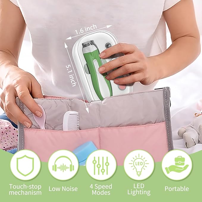 Baby Nail File Electric, Baby Nail Trimmer with 6 Grinding Heads for Newborn, Infant, Toddler & Adult, Whisper Quiet LED Electric Nail Clipper, Usage-Labeled Case