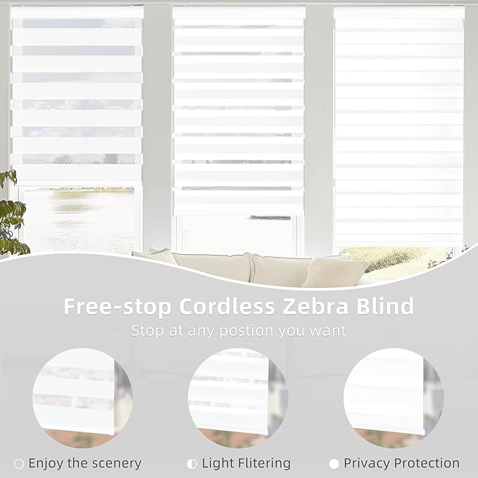 ChrisDowa Cordless Zebra Blinds for Windows, Dual Layer Free-Stop Light Filtering Window Roller Shades, Pull Down Privacy Zebra Shades for Home, Office, Bedroom, Door (58" W x 72" H, White)