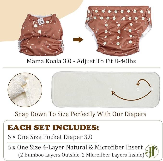 Mama Koala 3.0 Pocket Cloth Diapers for Babies with Suede Lining, 6 Pack with 6 4-Layer Natural Cloth Diaper Inserts - Reusable and Washable Pocket Diapers (S-Hardworking Bees)