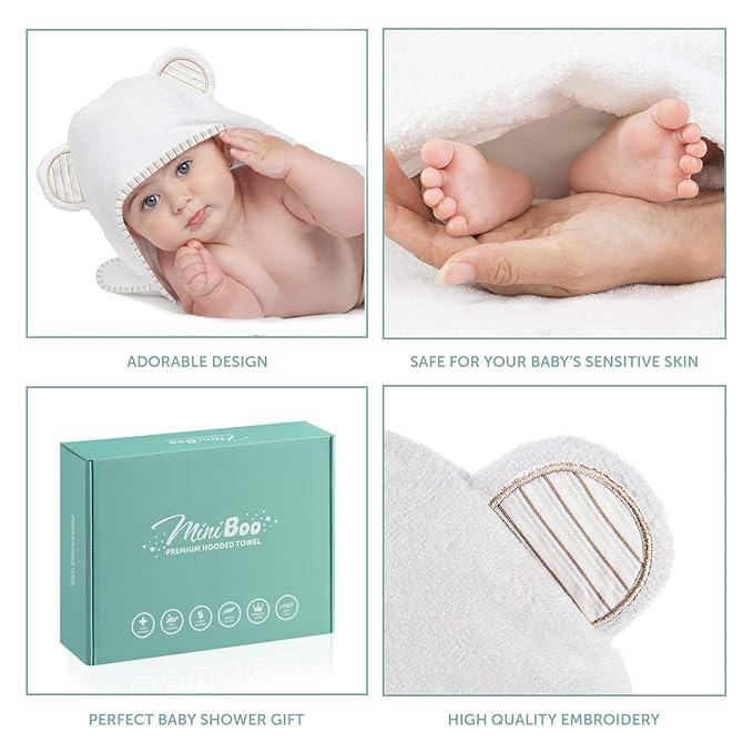 MINIBOO Hooded Baby Towels for Newborn - Super Soft Baby Bath Towels with Hood, Highly Absorbent Viscose Made from Bamboo Hooded Towel for Infant, Toddler and Kids, Baby Essentials
