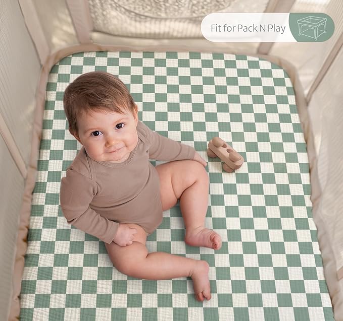Blissful Diary Muslin Mini Crib Sheets, Pack and Play Mattress Sheets Fitted for Pack N Play, Soft Cotton for Boys Girls, 2 Pack(Sage Checkboard & Sage Green)