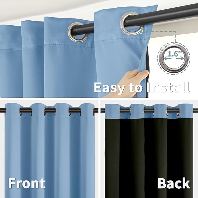 BGment Thermal Insulated 100% Blackout Curtains for Bedroom with Black Liner, Double Layer Full Room Darkening Noise Reducing Grommet Curtain (52 x 72 Inch, Denim Blue, 2 Panels)