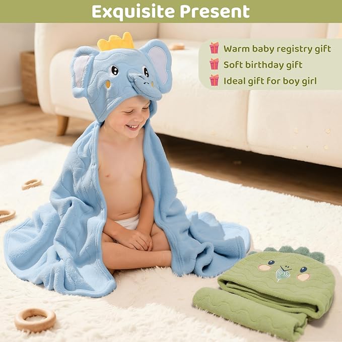 6 PCS Toddler Bath Towel Set for Boy Girl 0-5 Year, 2 PCS Thick Absorbent Hooded Baby Bath Towels Large 55" x 27.5" & 4 PCS Washcloths, Ultra Soft Gift for Infant, Toddler, Kids, Dinosaur & Elephant
