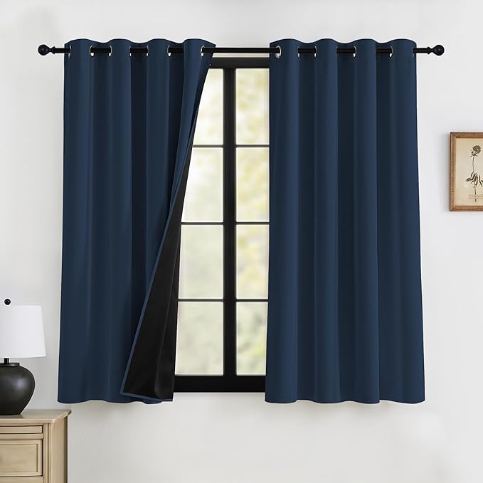 RYB HOME 100% Blackout Navy Blue Curtains for Living Room, Grommet Heat & UV Blocking Total Room Darkening Noise Reducing Curtains for Sunroom Nursery, 52 inches Wide by 72 inches Long