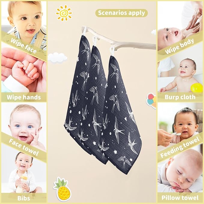vvfelixl Swallow Bird Baby Burp Cloths Baby Muslin Washcloths for Boys Girls Cotton Baby Face Towel for Newborn Infants Soft and Absorbent 11.8 X 11.8 in, 5 Pack